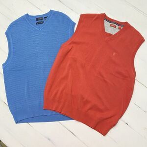 Lot of 2 V Neck IZOD Red Orange & WH Belk Blue Cotton Sweater Vests Men's Size L